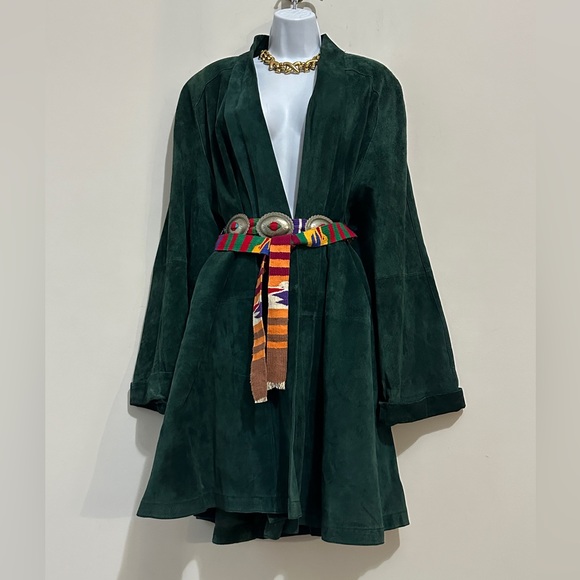 Vintage Forest Green Genuine Leather Suede Swing Coat By Ellen Ashley - Picture 7 of 8